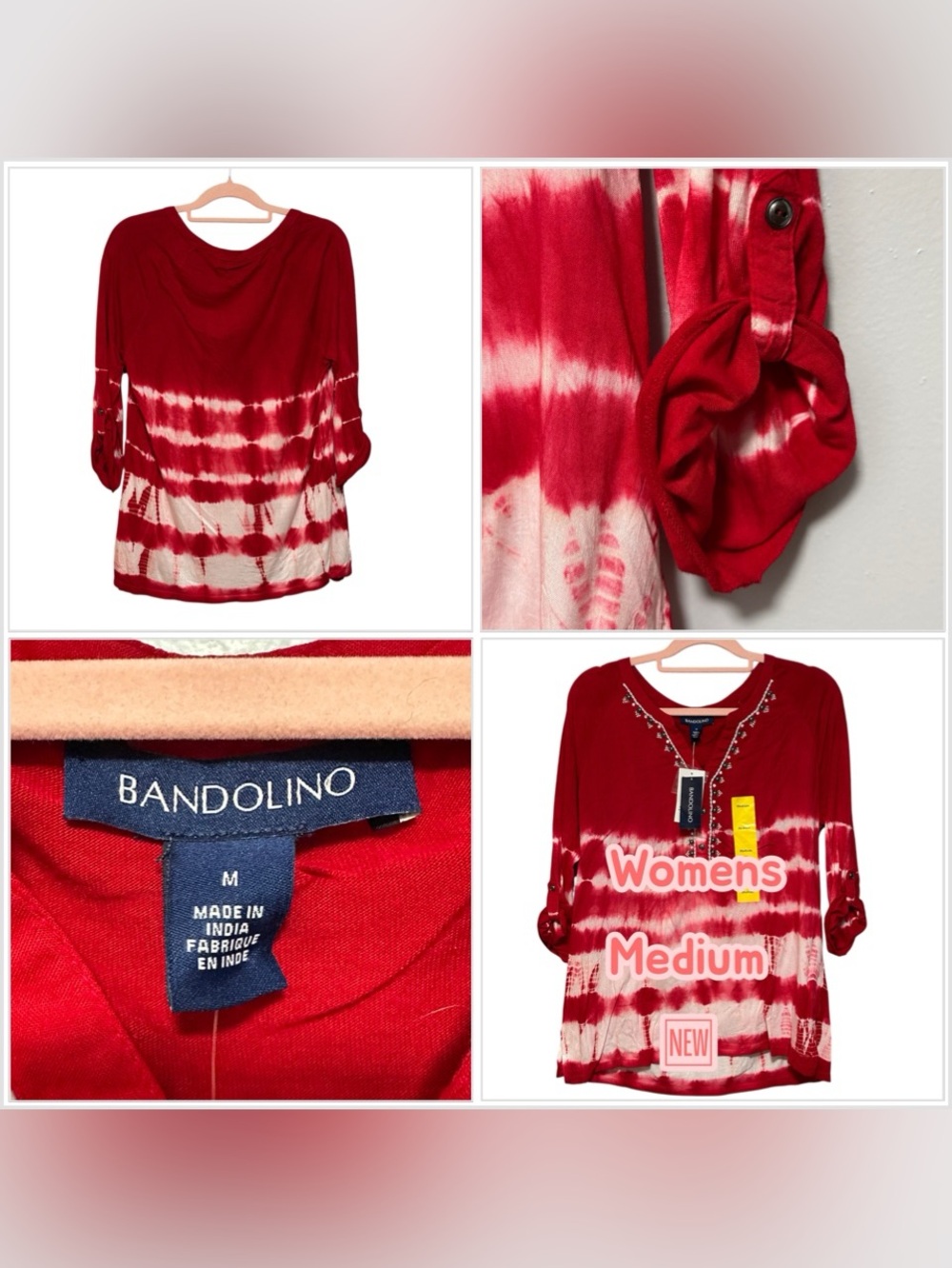 Women’s Bandolino Medium tunic red & white tie-dye embellished V-Neck 3/4 Sleeve